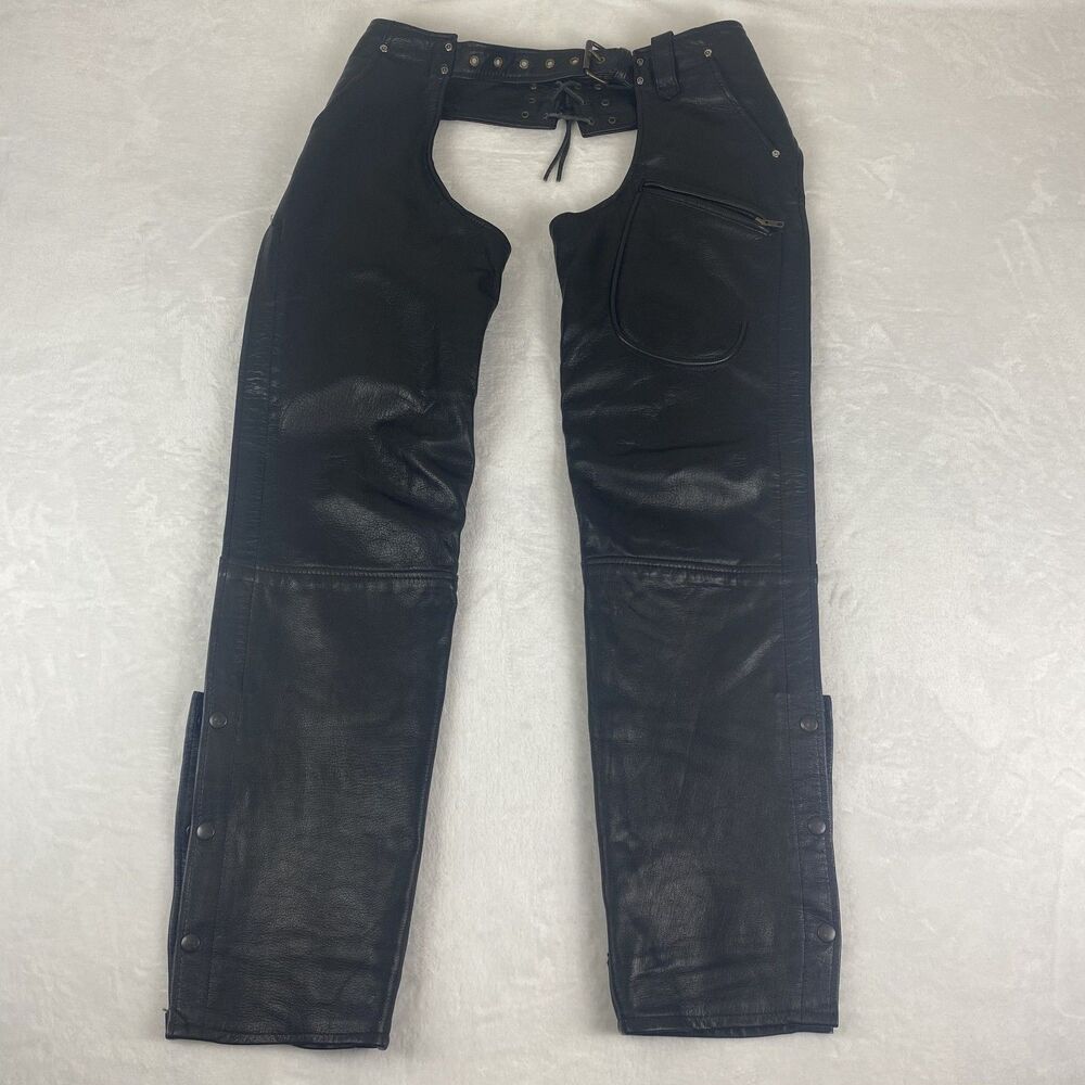 Vintage Moto Motorcycle Riding Chaps Adult Small Black Genuine Leather Biker